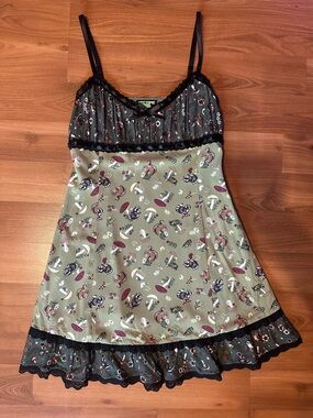 Hot Topic Green Cottagecore Spaghetti Strap Dress with Black Lace Trim